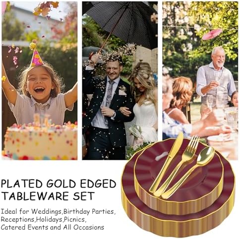 150Pcs Plastic Plates with Gold Rim, Heavy Duty Burgundy Plates for 30 Guests, Plastic Dinnerware Set Include 30 Dinner Plate, 30 Dessert Plate, 90 Gold Cutlery Set for Party (Burgundy) - Image 6