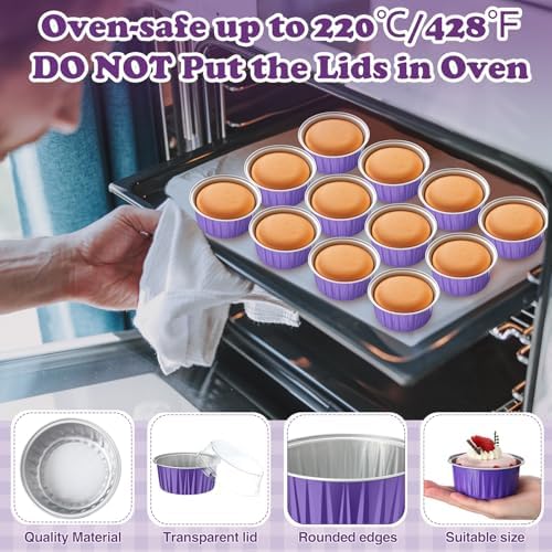 200 Pack Aluminum Cupcake Liners with Lids,Purple,Plain - Image 2