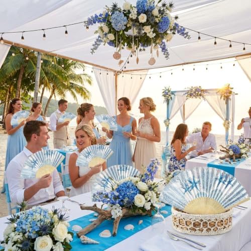 Karenhi 36 Pcs Beach Paper Fans Bulk Blue Coastal Party Folding Hand Fans - Image 5