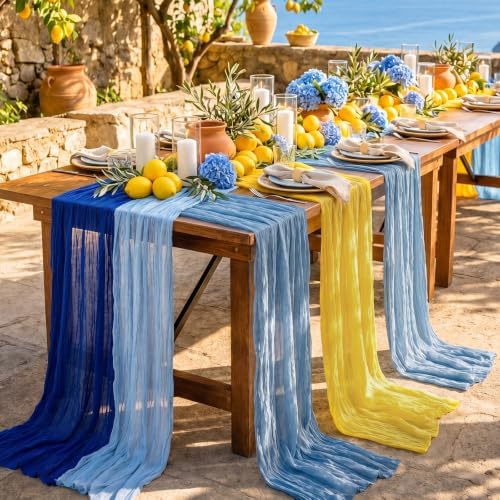 Moukeren 4 Pack Blue Yellow Cheesecloth Table Runner Capri Lemon Decor - Image 2