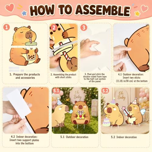 5 Pcs Capybara Baby Shower Party Decorations, Baby Capybara Corrugated Plastic Cutout Standups for 1st 2nd 3rd Birthday, Gender Reveal, Cute Animal Photo Booth Props, Indoor Outdoor Display - Image 3