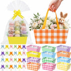 Funnymoom 24 Pcs Pastel Basket for Gifts Empty Pastel Colors Plaid Gift Basket Empty to Fill with Handle, Transparent Bag and Bow for Macaron Wedding Birthday Summer Party Favor Supplies, 9.8x6.5'' by Funnymoom