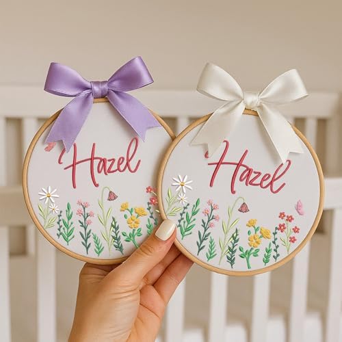 Embroidery Baby Name Sign, Personalized Welcome Baby Hoop Sign with Bow, Custom Baby Name Sign for Hospital, Infant Baby Shower Gifts New Parents (02) - Image 3