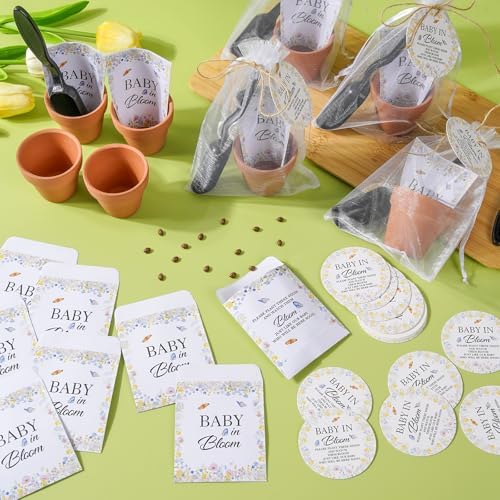Fantasyon 24 Sets Baby Shower Party Favors Seed Packets for Guests – Include 24 Mini Terracotta Pots, 24 Self Adhesive Envelopes, Thank You Tags, Organza Bags, Garden Shovel - Image 3