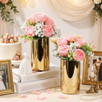 Suncalla 6 Sets Gold Cylinder Vases Artificial Peony Candle Holders, Pink - Image 3