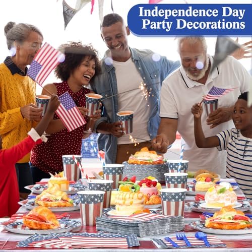 Funnymoom 452 Pcs 4th of July Party Supplies for 50 Guests, Memorial Day Patriotic Paper Plates Napkins Cups Tablecloth Cutlery Straw White Red Blue Tableware for 250th Aniversary Party Decoration - Image 4