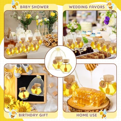 Pickmesh 12 Pcs Hexagonal Glass Honey Jars with Spoon, 3.38 oz Honey Dispenser with Wooden Spoon Bee Charm Thank You Card Organza Bag Mini glass Jars for Baby Shower Wedding Party Favor Decorations - Image 6