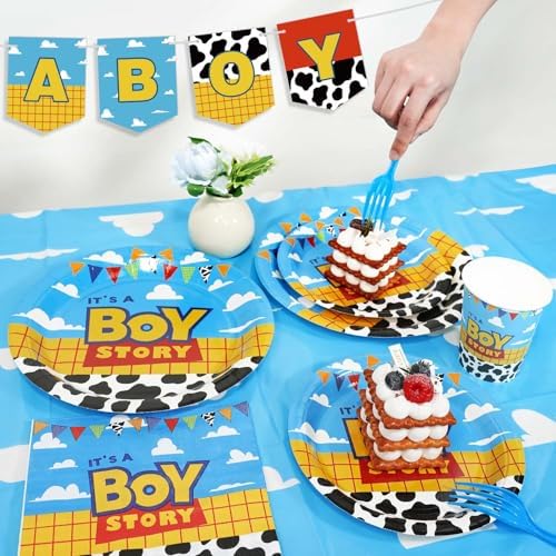 Boy Story Baby Shower Decorations, 25 Guests Includes Cardstock Plates Tableware | Tablecloth | Banner | Balloons | Cake Topper for It’s a Boy Story Baby Shower Themed Party Decorations (Pack of 3) - Image 2