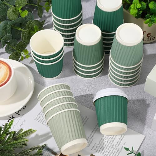 Whaline 100 Pcs Sage Green Disposable Espresso Cups with Lids 4 Oz Gradient Green Paper Cups Corrugated Ripple Wall Insulated Hot Cup for Home Office Party Supplies - Image 3