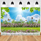 15x8ft Spring Backdrop Blue Sky White Cloud Photography Background Green Grass Flowers Butterfly Garden Fence Wedding Party Banner Decorations Birthday Baby Shower Portrait Photo Booth Prop - Image 2