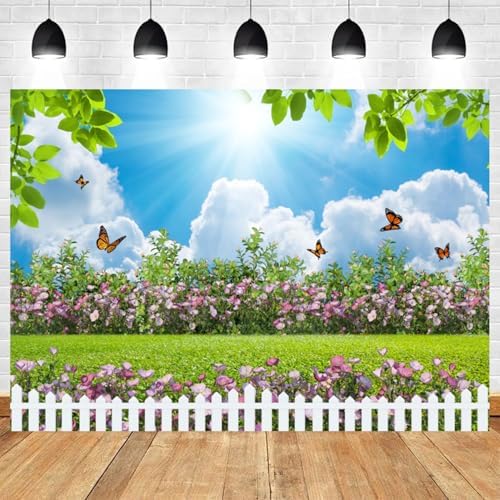 15x10ft Spring Backdrop Blue Sky White Cloud Photography Background Green Grass Flowers Butterfly Garden Fence Wedding Party Banner Decorations Birthday Baby Shower Portrait Photo Booth Prop - Image 2