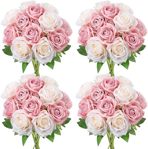 48 PCS Dusty Pink & Champagne Roses Artificial Flowers,Silk by DIYDOFUN