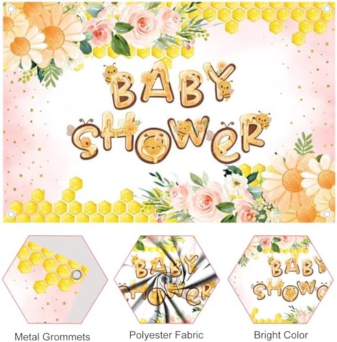 Fabric 9x6ft Honey Bee Baby Shower Backdrop Pink Flowers Yellow Honeycomb Oh Baby Decoration Background Sweet Honey Gender Reveal Neutral Newborn Party Banner Supplies - Image 6