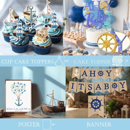 Party Inspo Ahoy It’s a Boy Baby Shower Decorations for Boy – 133 PCs Nautical Theme Party Supplies with Backdrop, Balloon Garland, Banner, Tablecloth, Poster, Cake Topper, Sash and Badges - Image 5
