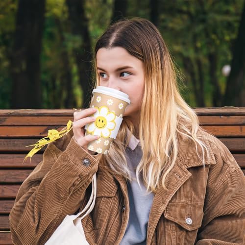 Whaline 50 Pcs Summer Daisy Disposable kraft Paper Cups with Lids and Sleeves 16 Oz Boho Groovy Smile Daisy Flower Coffee Cups for Summer Wedding Birthday Table Decor Party Supplies - Image 6