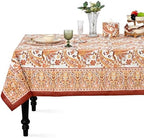 Ridhi Kashmiri Saffron Paisley Hand Block Print Cotton Rectangle Tablecloth 52x72 inch Reusable Table Cover Decorative Everyday Use for Dining Room, Farmhouse, Home Gift for Spring, Summer by Ridhi