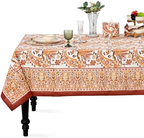 Ridhi Kashmiri Saffron Paisley Hand Block Print Cotton Rectangle Tablecloth 54x54 inch Reusable Table Cover Decorative Everyday Use for Dining Room, Farmhouse, Home Gift for Spring, Summer by Ridhi