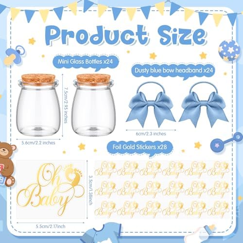 Funnymoom 24 Sets Baby Shower Bottles Favors for Guests Glass 100 ml Milk Jar with Ribbons and Stickers Decorations for Gender Reveal Newborn Centerpiece Party Favor(Dusty Blue,Baby) - Image 3