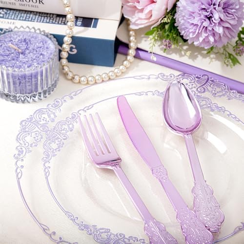 Hioasis 175 Pcs Clear Purple Plates for Party - Image 2