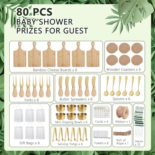 74 Pcs Baby Shower Prizes for Game Players 6 Set Cheese Board Fork Knives Coaster Towel Thank You Card and Gift Bags for Baby Shower Wedding Bridal Shower Favors (6, Gold) - Image 2