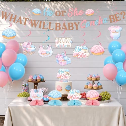 Concha Theme Gender Reveal Party Decorations What Will Baby Concha Be Backdrop Banner Mexican Sweet Bread Concha Honeycomb Centerpieces Cake Topper Hanging Swirls for Baby Shower Party Supplies - Image 4