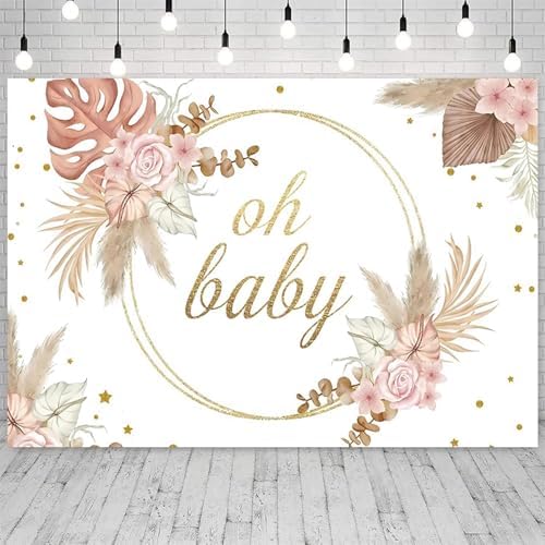 8x6ft Baby Shower Backdrop Boho Bohemian Floral Oh Baby Gold Dots Pampas Grass Photography Background Girls Baby Shower Party Decorations Banner Supplies Photo Studio Props - Image 3