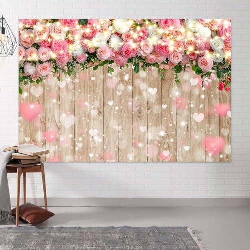 12X10FT Pink Rose Flower Backdrop Birthday Party Decorations Wooden Wall Hearts Photography Background Girls Baby Shower Banner Photo Booth Props Decor - Image 4