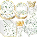 Potchen 452 Pcs Eucalyptus Leaves Plates Napkins Party Supply, Sage Green by Potchen