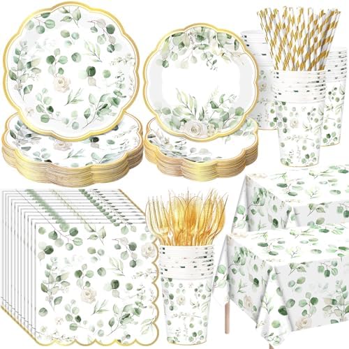 Potchen 452 Pcs Eucalyptus Leaves Plates Napkins Party Supply, Sage Green by Potchen