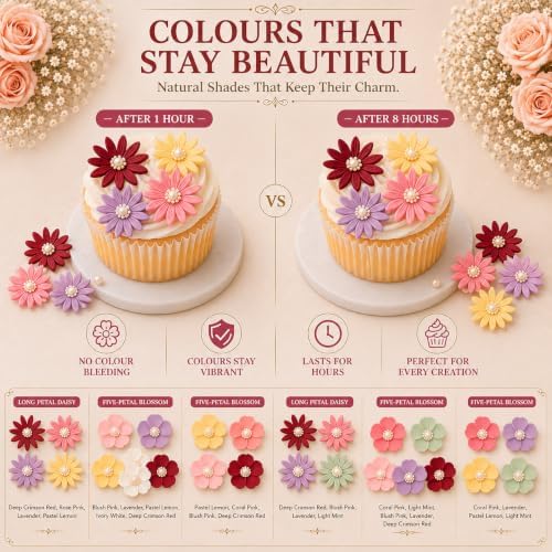 CONFECT Handmade Edible Gum Paste Flower Decorations – Celebration Blossom – 60 Piece Assorted Sugar Flower Set with Pearl Centers, Hand Cut Cake Flowers for Cakes, Cupcakes, Cookies & Desserts - Image 7