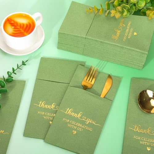 FYSUIMU 100 Pcs Wedding Linen Feel Napkins Sage Green Gold Foil Pocket Disposable Flatware Airlaid Paper Napkin Prefolded Dinner Guest Hand Towel For Wedding Engagement Bridal Baby Shower Party Decor - Image 3
