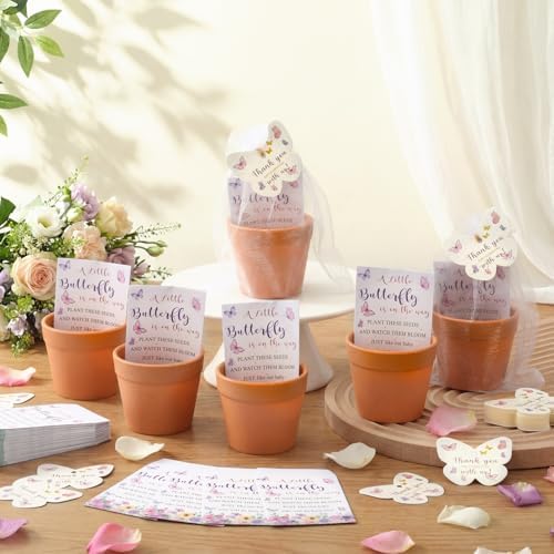 Ctosree 50 Sets Butterfly Baby Shower Party Favors for Guests A Little Butterfly Is on The Way Seed Packets Include Self-adhesive Seed Packets Flowerpot Thank You Tags Organza Bags for Baby Shower - Image 3
