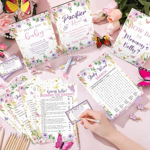 Sherr 476 Pcs Butterfly Baby Shower Games 6 Sets Activities Cards Pacifier Hunt Game 50 Pacifiers How Big Is Mommy's Belly Sign 50 Guessing Cards 2 Measuring Tape Don't Say Baby Sign 50 Clothespin - Image 2