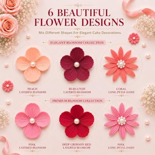 CONFECT Handmade Edible Gum Paste Flower Decorations – Vintage Blossom Collection – 60 Piece Assorted Sugar Flower Set with Pearl Centers, Hand Cut Cake Flowers for Cakes, Cupcakes & Desserts - Image 3
