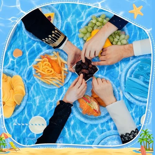 Ceenna 452 Pcs Ocean Waves Party Decorations for 50 Guest, Under The Sea Pool Paper Plates Napkins Cups Tablecloth Cutlery Straw for Summer Blue Ocean Water Beach Birthday Baby Shower Party Supplies - Image 5