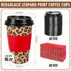 Whaline 50Pcs 16Oz Cheetah Print Leopard Party Disposable Coffee Cups with Lids and Sleeves Jungle Safari Leopard Paper Drinking Cup for Birthday Baby Shower Party Supplies - Image 2