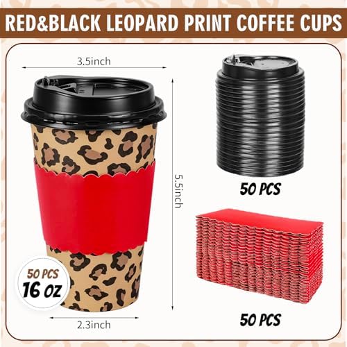 Whaline 50Pcs 16Oz Cheetah Print Leopard Party Disposable Coffee Cups with Lids and Sleeves Jungle Safari Leopard Paper Drinking Cup for Birthday Baby Shower Party Supplies - Image 2