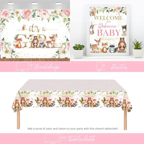 Hombae Woodland Baby Shower Decorations Girl, 128 PCs - Forest Animals Baby Shower Party Supplies with Its a Girl Backdrop, Balloon Garland, Boxes, Tablecloth, Cake Topper, Sash, Pins - Image 5