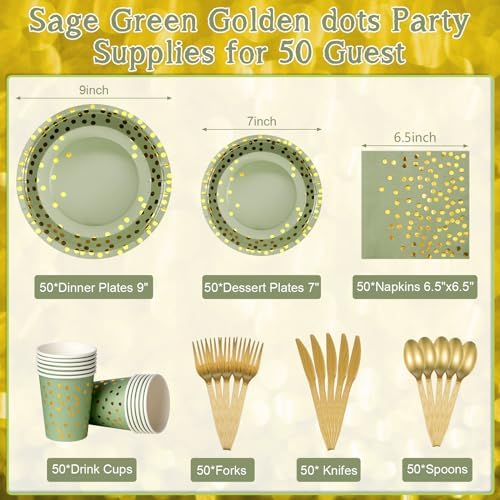 350pcs Sage Green Paper Plates and Napkins Set, Disposable Sage Green and Gold Polka Dot Party Plates Cups For Baby Shower Birthday Wedding Party Supplies and Decorations, Serve 50 - Image 2