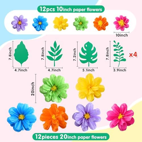 Geyee 40 Pcs Mexican Giant Paper Flowers Leaves Set, 24 Pcs Large Mexico Tissue Paper Flowers and 16 Green Leaves for Mexican Party Wedding Archway Fiesta Birthday Decoration 20" 10'' - Image 2