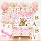 Hombae We can Bearly wait Baby Shower Decoration – 116 PCs Baby Girls Teddy Bear Party Supplies with Teddy Bear Printed Backdrop, Balloon Garland, Tablecloth, Balloon Boxes, Sash, Badges by Hombae