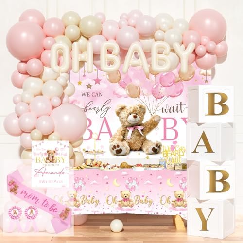 Hombae We can Bearly wait Baby Shower Decoration – 116 PCs Baby Girls Teddy Bear Party Supplies with Teddy Bear Printed Backdrop, Balloon Garland, Tablecloth, Balloon Boxes, Sash, Badges by Hombae