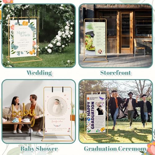 VZZNN 2 Pack Wedding Welcome Sign Stand, 68”x31”x20” Adjustable Gold Easel Holder with 4 Leather Straps, Heavy Duty Metal Floor Easels for Wedding Signs, Seating Charts, Baby Shower, Party Decor - Image 6