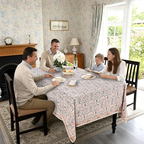 Ridhi Salmon & Green Hand Block Print Cotton Tablecloth 190 x 72 Inch - Image 3