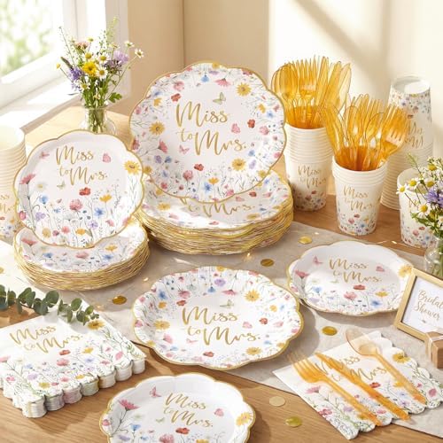 Funnymoom 400 Pcs Wildflower Bridal Shower Party Supplies for 50 Guests Floral Miss to Mrs Paper Plates and Napkins Knives Spoon Fork Cup Disposable Dinner for Women Wedding Engagement Party Favor - Image 5