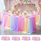 Wish Care 4 Pack Rainbow Tulle Tablecloth for 6 Foot Rectangle Tables Double Layer Tulle Tutu Skirt Unicorn Ruffle Pastel Table Cloth Stretch Fitted Table Covers for Girls Birthday Baby Shower Party by WishCare