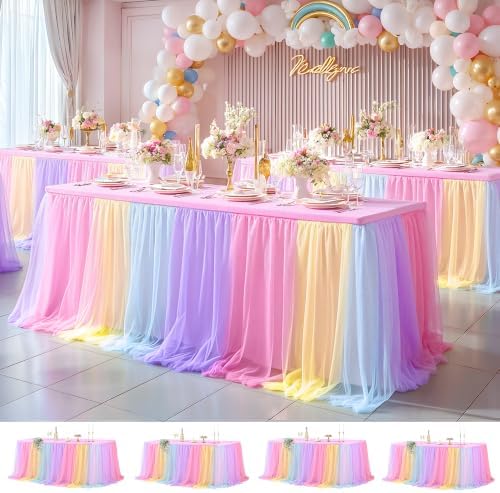 Wish Care 4 Pack Rainbow Tulle Tablecloth for 6 Foot Rectangle Tables Double Layer Tulle Tutu Skirt Unicorn Ruffle Pastel Table Cloth Stretch Fitted Table Covers for Girls Birthday Baby Shower Party by WishCare