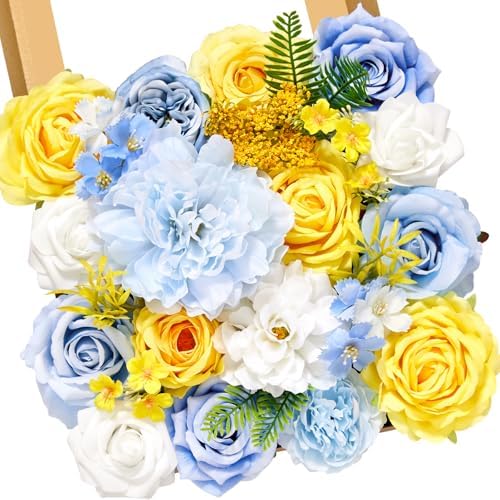 Serwalin Artificial Blue & Yellow Flowers, Silk Fake Flowers for Wedding by Serwalin