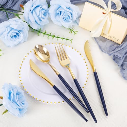 Supernal 102Pcs Gold Plastic Cutlery with Dark Blue Handle for Party - Image 4