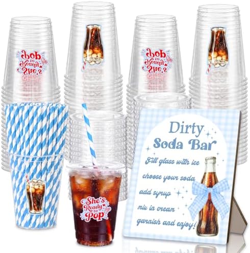 50 Pcs 12 oz Disposable Plastic Cups with Bar Sign – "She's Ready to Pop" Baby Shower Cups with Straws for Soda Theme, Gender Reveal, Pregnancy Announcement, Weddings, Bachelorette Parties (Blue) by Unknown